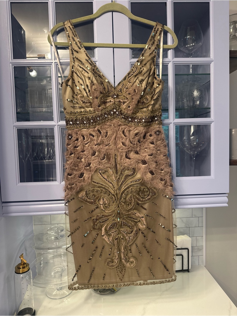 Sue Wong Gold Embellished V-Neck Cocktail Dress